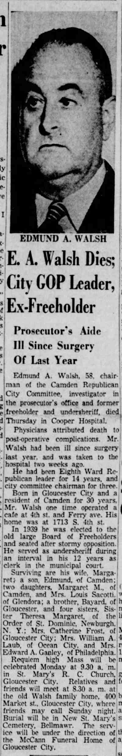 Camden Courier-Post, September 16, 1955 — E. A. Walsh Dies; City GOP Leader, Ex-Freeholder