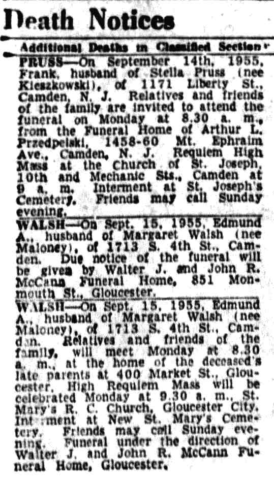 Camden Courier-Post, September 16, 1955 — Walsh death notice