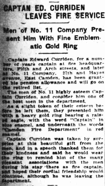 Captain Ed. Curriden Leaves Fire Service, Camden Post-Telegram, August 6, 1925
