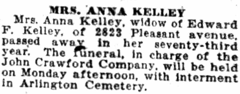 Camden Daily Courier, February 26, 1926, Mrs. Anna Kelley obituary