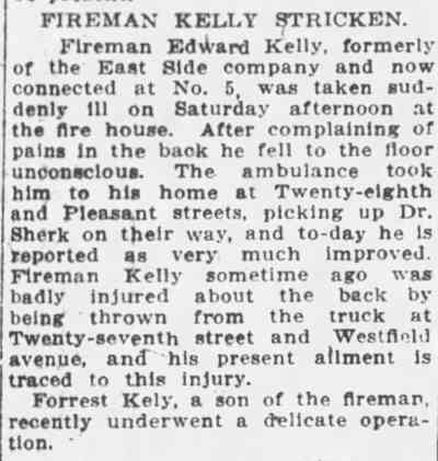 Camden Post-Telegram, March 27, 1911, fireman Kelly stricken