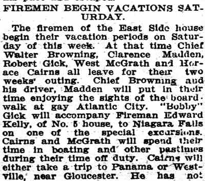 Camden Daily Courier, July 16, 1913, firemen begin vacations Saturday