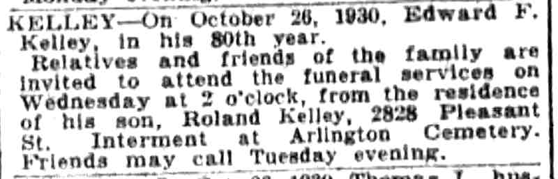Camden Daily Courier, October 28, 1930, Kelley obituary notice