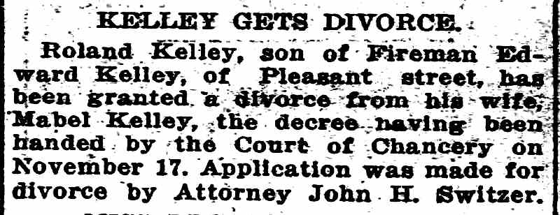 Camden Daily Courier, November 27, 1914, Kelley gets divorce