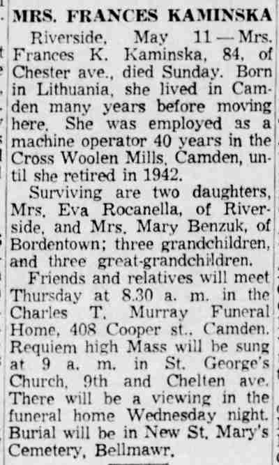 Mrs. Frances Kaminska obituary, Camden Courier-Post, March 11, 1959