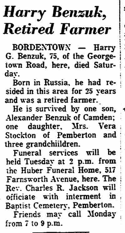 Harry Benzuk, Retired Farmer, Trenton Times, March 21, 1971