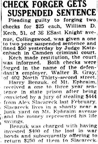 Check Forger Gets Suspended Sentence, Camden Courier-Post, May 23, 1942