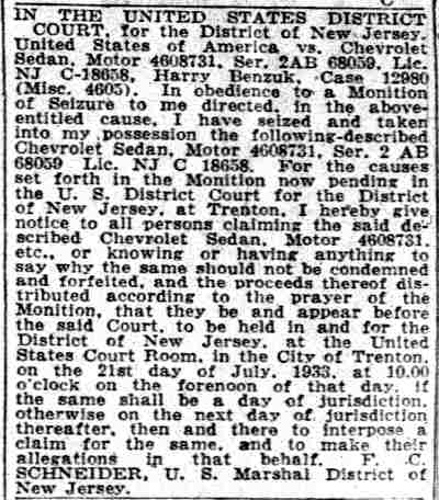 Car seizure notice, Camden Courier-Post, July 19, 1933