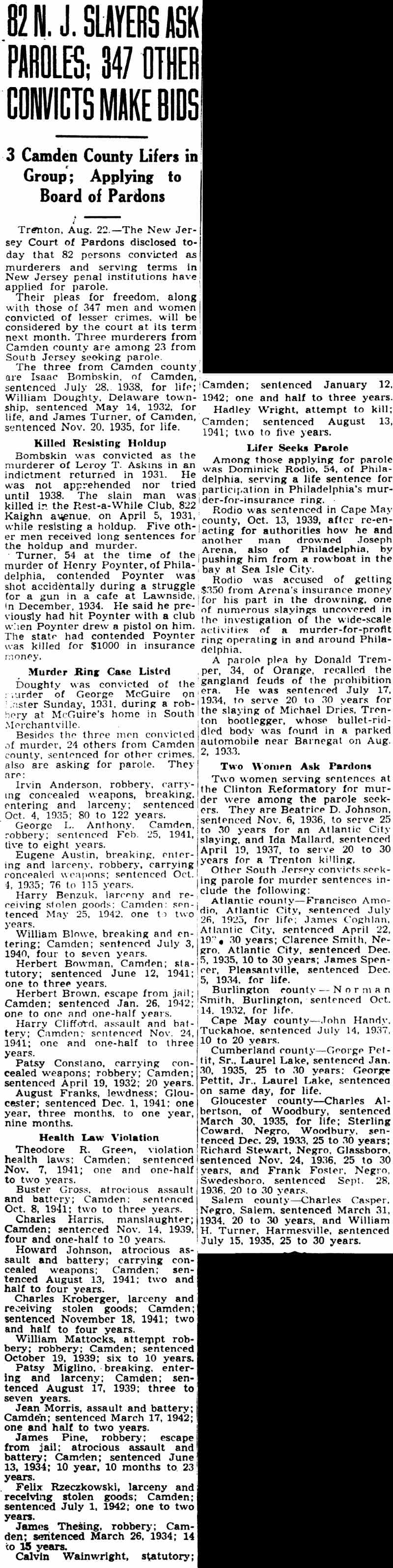 82 N.J. Slayers Ask Paroles; 347 Other Convicts Make Bids, Camden Courier-Post, August 22, 1942