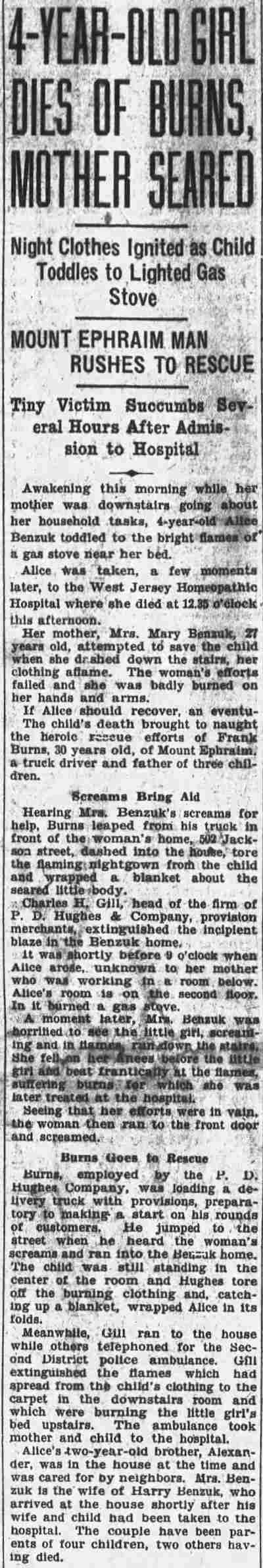 Camden Courier-Post clipping, November 4, 1927, reporting death of Dorothy Benzuk from burns