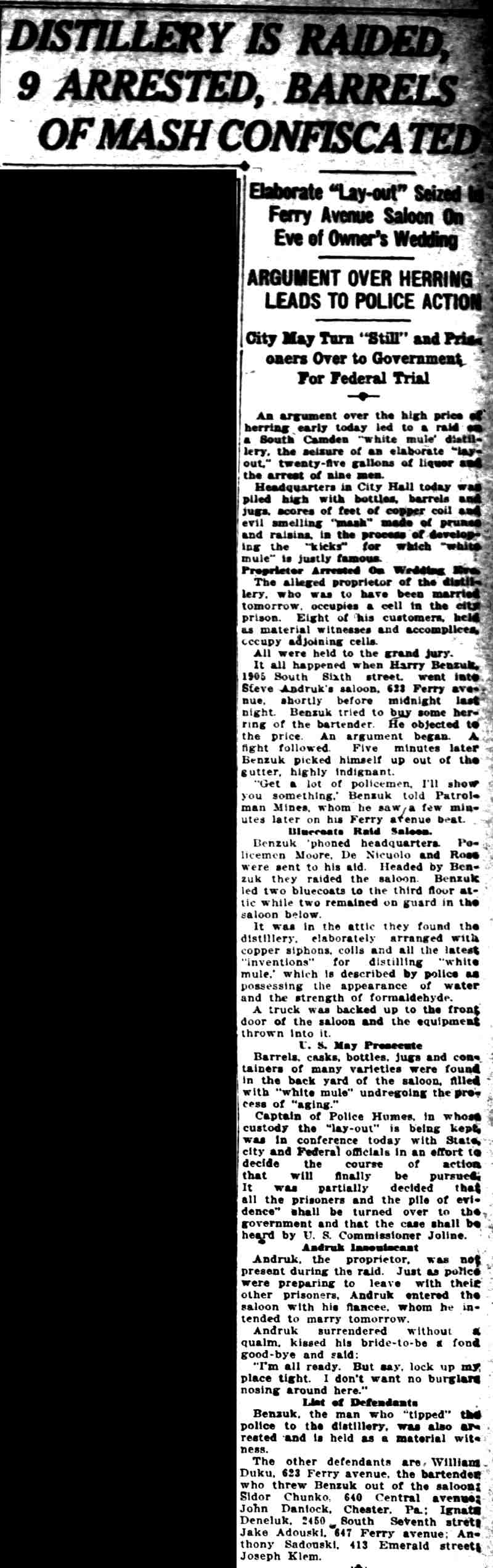 Camden Daily Courier, November 4, 1927 — distillery raid article
