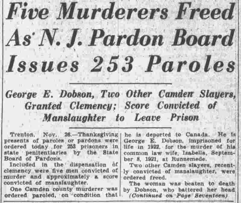 Five Murderers Freed As N.J. Pardon Board Issues 253 Paroles, Camden Courier-Post, November 27, 1934