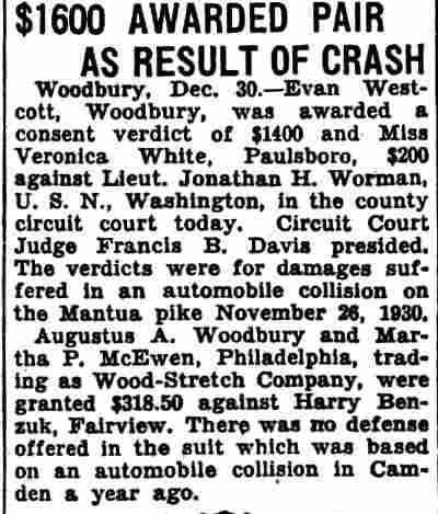 $1600 Awarded Pair as Result of Crash, Camden Courier-Post, December 31, 1931