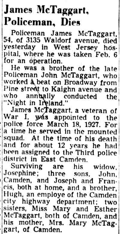 Camden Courier-Post, February 9, 1949 — James McTaggart, Policeman, Dies