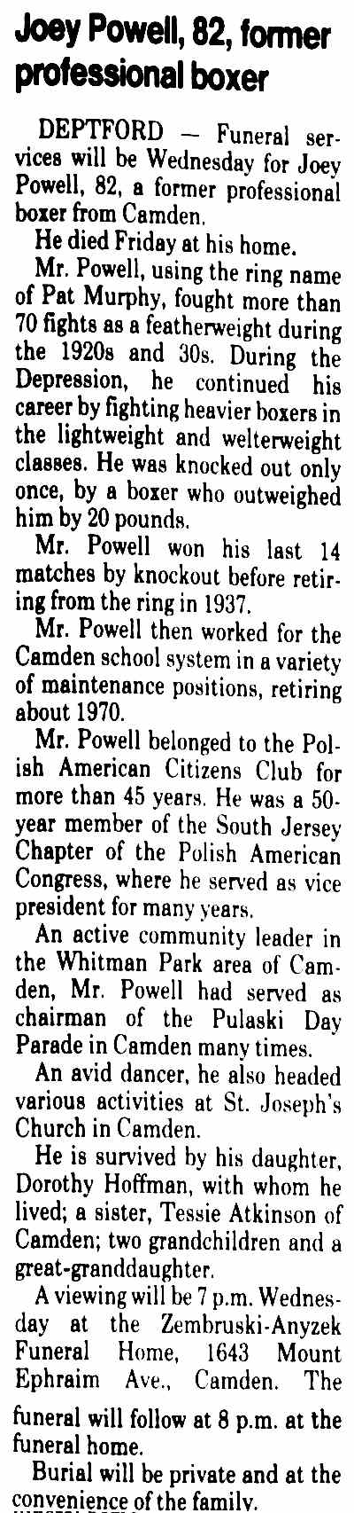 Joey Powell, 82, former professional boxer, Camden Courier-Post, November 18, 1992