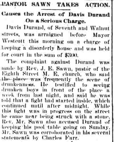 Camden Daily Telegram, October 14, 1895 — Pastor Sawn arrests Davis Durand