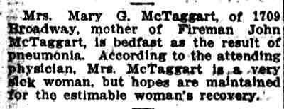 Camden Post-Telegram, January 5, 1917 — Mother of Fireman John McTaggart Ill