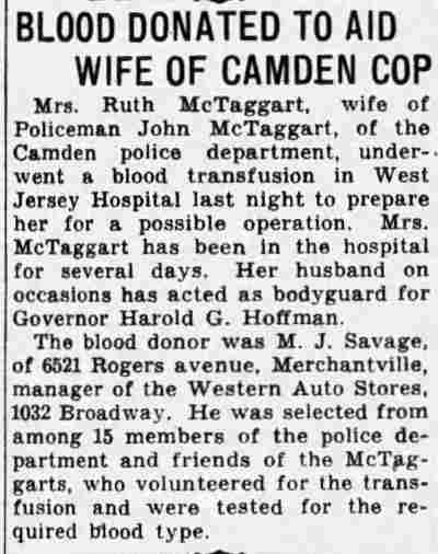 Camden Courier-Post, March 3, 1937 — Blood Donated to Aid Wife of Camden Cop