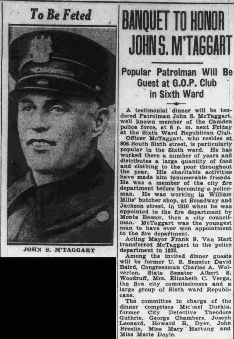 Banquet to Honor John S. McTaggart — Camden Courier-Post, March 10, 1934