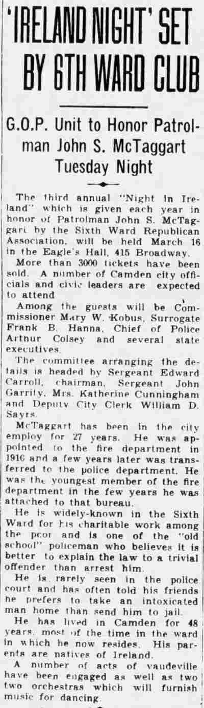 Ireland Night set by 6th Ward Club, March 13 1937
