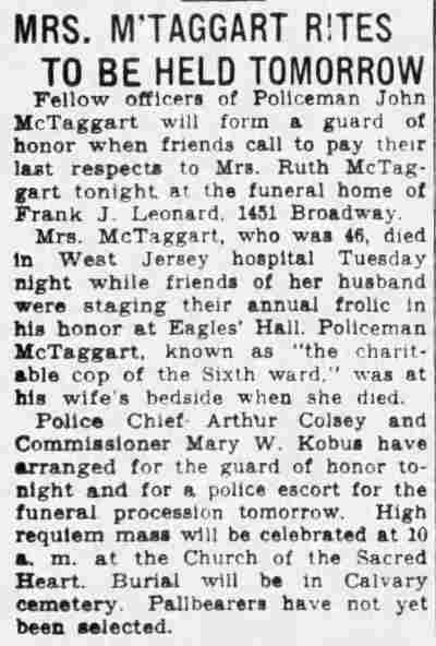 Mrs McTaggart rites March 19 1937