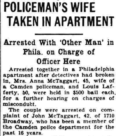 Camden Courier-Post clipping, March 25, 1928 — Policeman's Wife Taken in Apartment (part 1)
