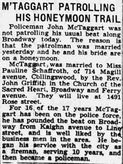 Camden Courier-Post, August 31, 1938 — M'Taggart Patrolling His Honeymoon Trail