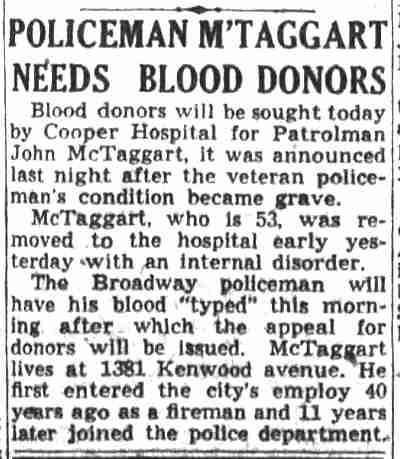 Camden Courier-Post, September 4, 1941 — Policeman McTaggart Needs Blood Donors