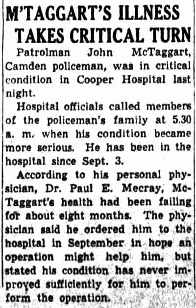 Camden Courier-Post, November 27, 1941 — M'Taggart's Illness Takes Critical Turn