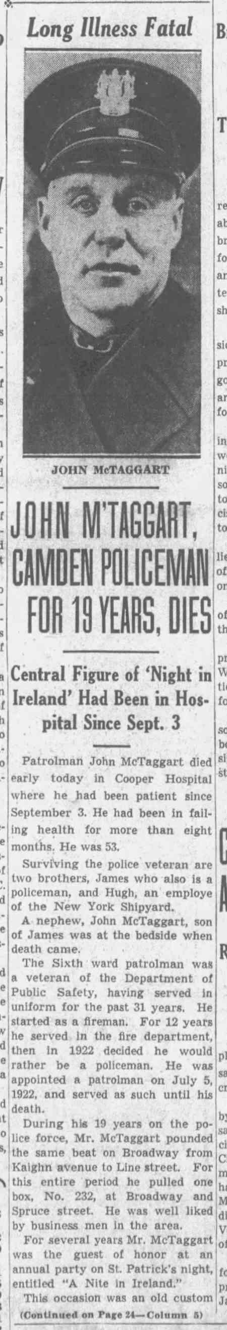 Camden Courier-Post, November 29, 1941 — John M'Taggart, Camden Policeman for 19 Years, Dies