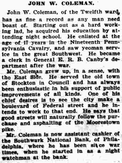 Philadelphia Inquirer, November 5, 1904 — profile of John W. Coleman