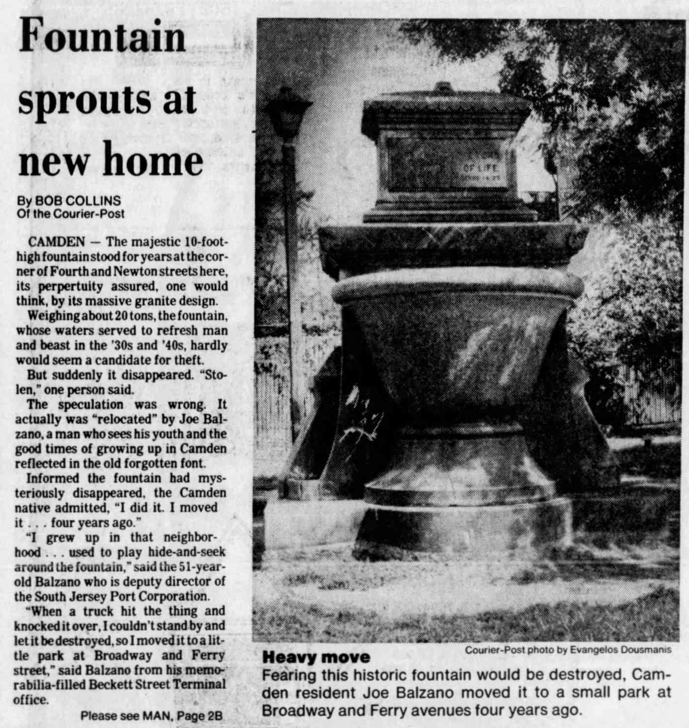 Fountain sprouts at new home — Camden Courier-Post, August 25, 1985, page 1