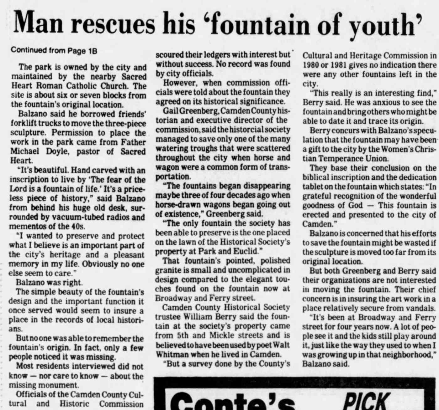 Man rescues his fountain of youth — Camden Courier-Post, August 25, 1985, page 2