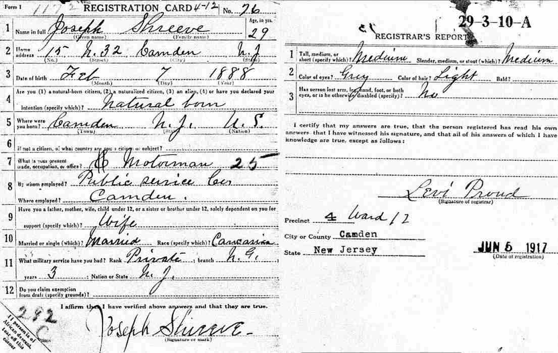 Joseph Shreeve World War 1 draft registration card