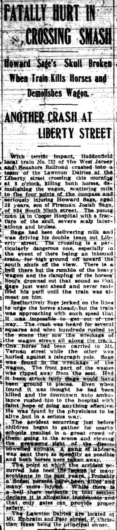 Camden Post-Telegram, September 26, 1913 — Howard Sage fatally hurt in train crossing smash