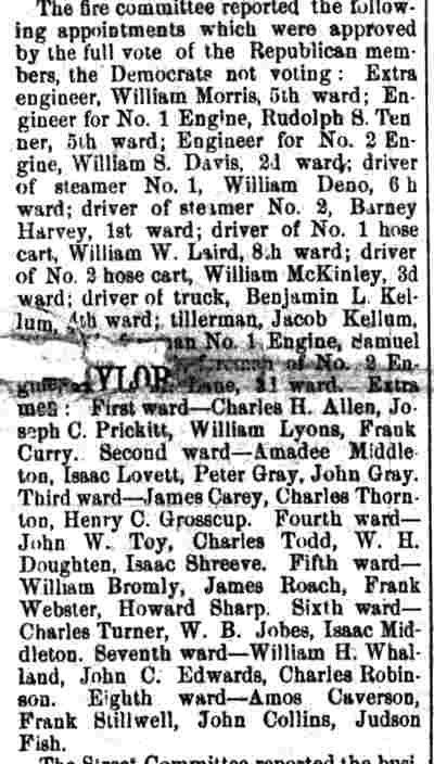 Camden Courier article about Fire Committee appointments, April 4, 1884, listing Judson Fish as extra man