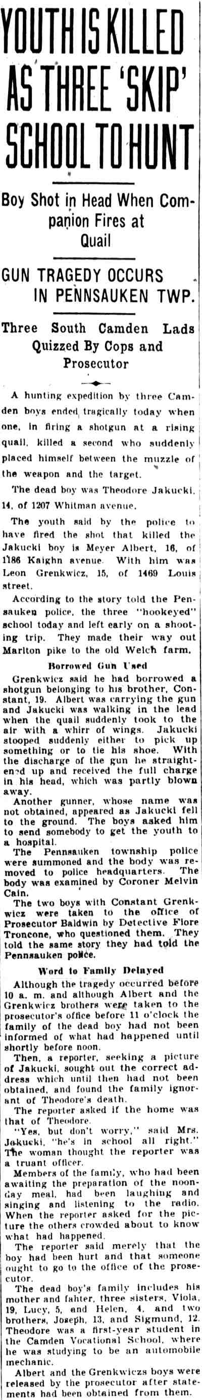 Camden Courier-Post November 27, 1930 — Youth Is Killed As Three Skip School to Hunt