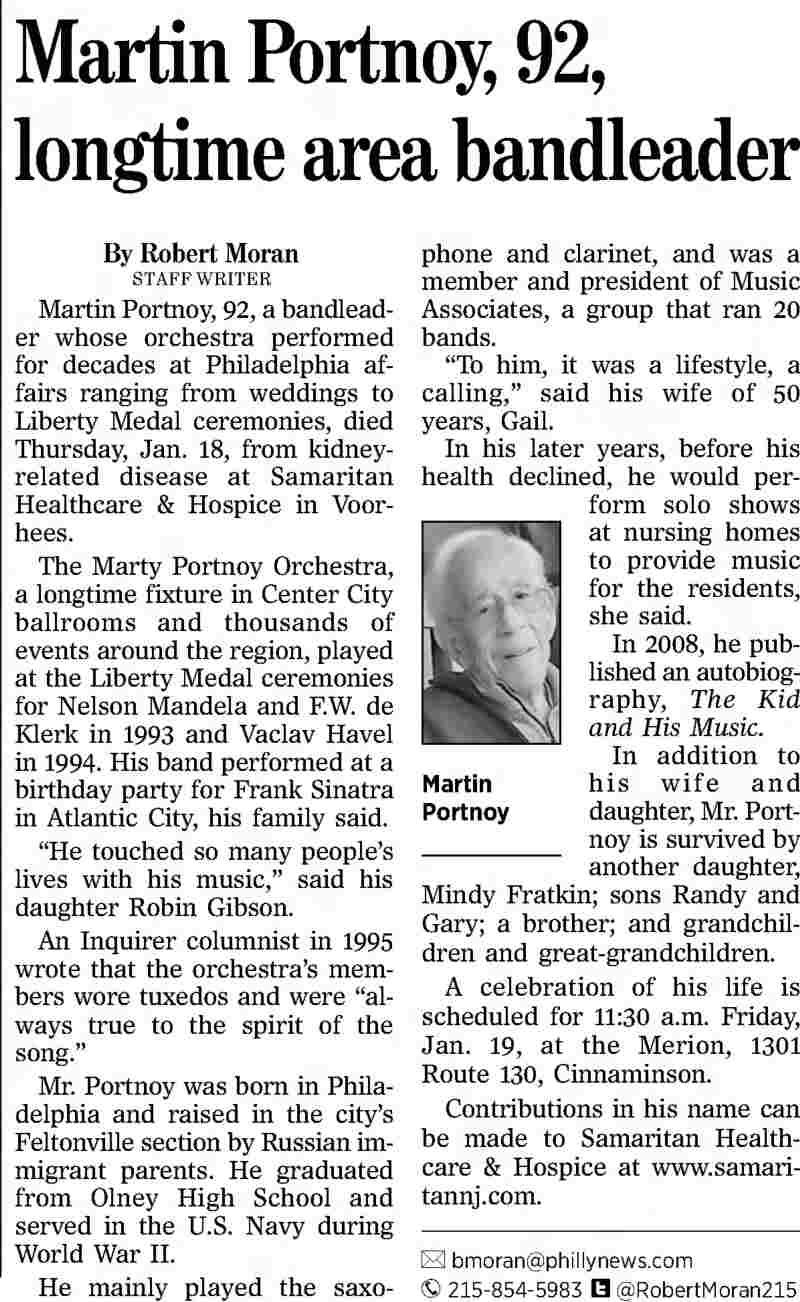 Martin Portnoy, 92, longtime area bandleader, Philadelphia Inquirer, January 19, 2018