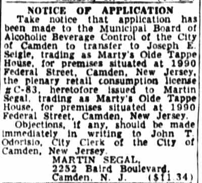 Notice of Application for liquor license transfer, Marty's Olde Tappe House, Camden Courier-Post, December 19, 1956