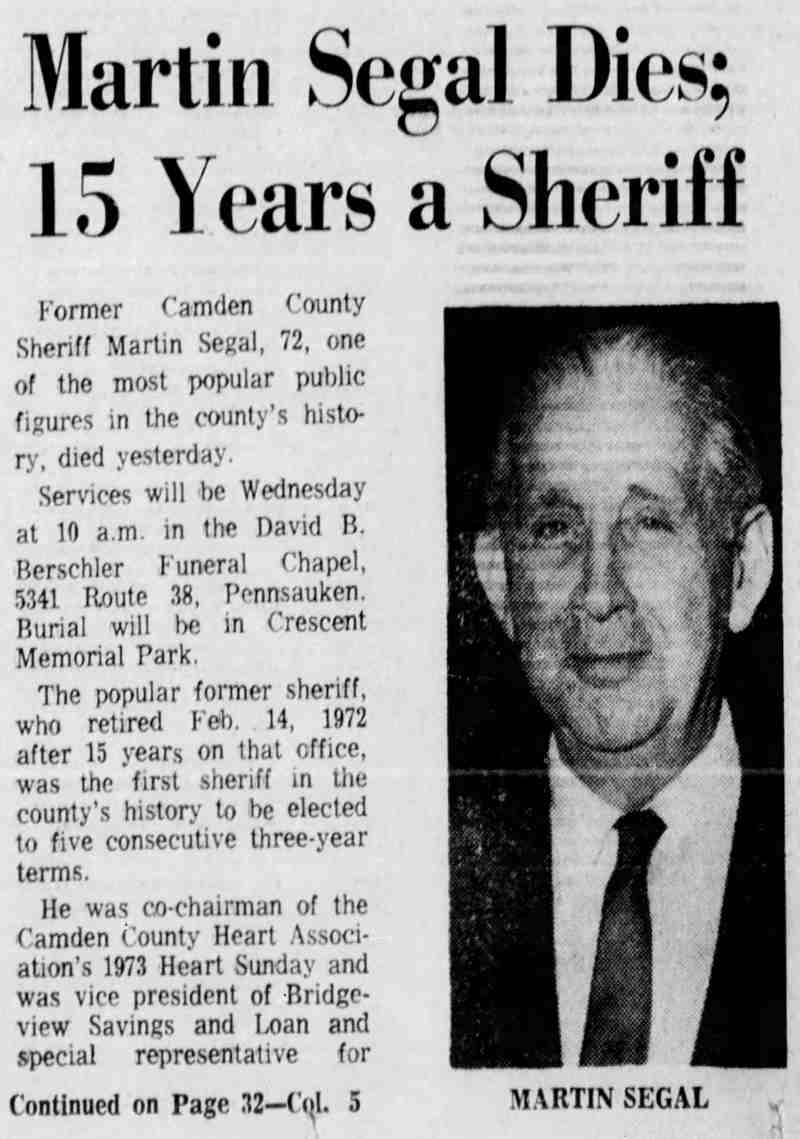 Martin Segal Dies; 15 Years a Sheriff — newspaper obituary
