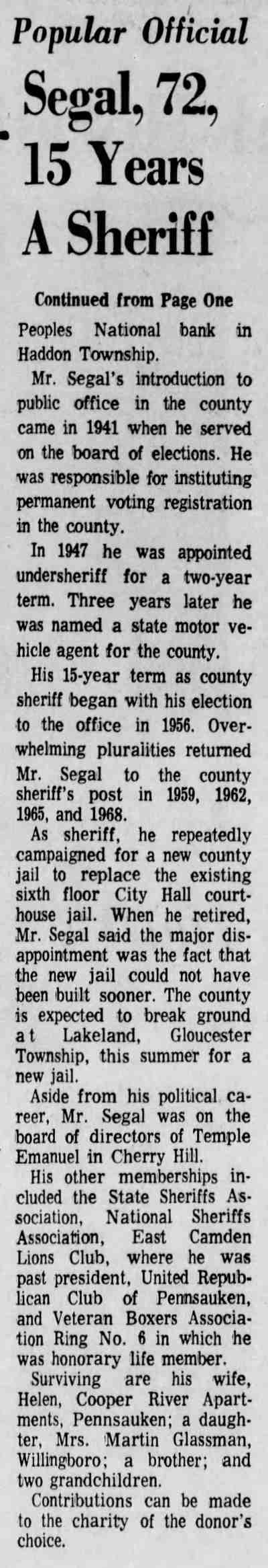 Popular Official Segal, 72, 15 Years A Sheriff — continuation