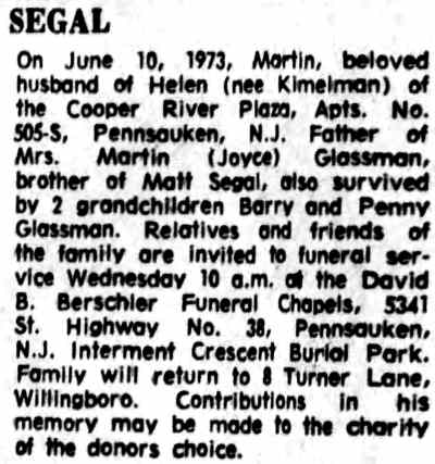 Death notice for Martin Segal