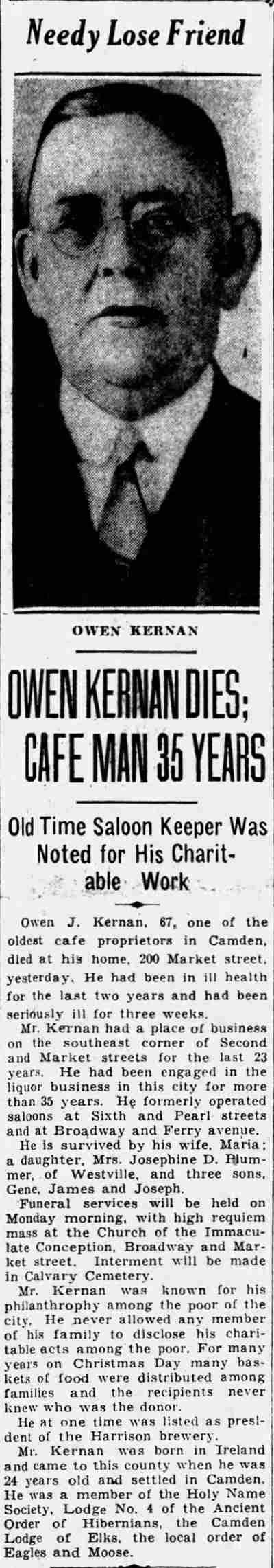 Owen Kernan Dies; Cafe Man 35 Years - Camden Courier-Post - January 5, 1934