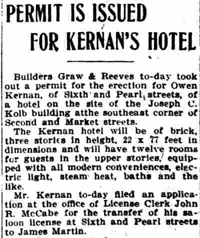 Permit is issued for Kernan's Hotel - Camden Post-Telegram - September 28, 1911