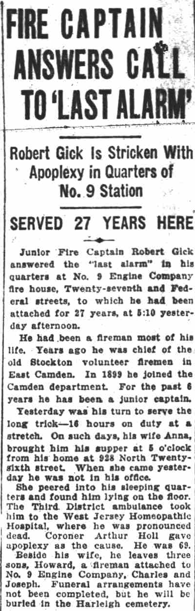 Camden Courier-Post, December 1, 1926 — Fire Captain Answers Call to 'Last Alarm'