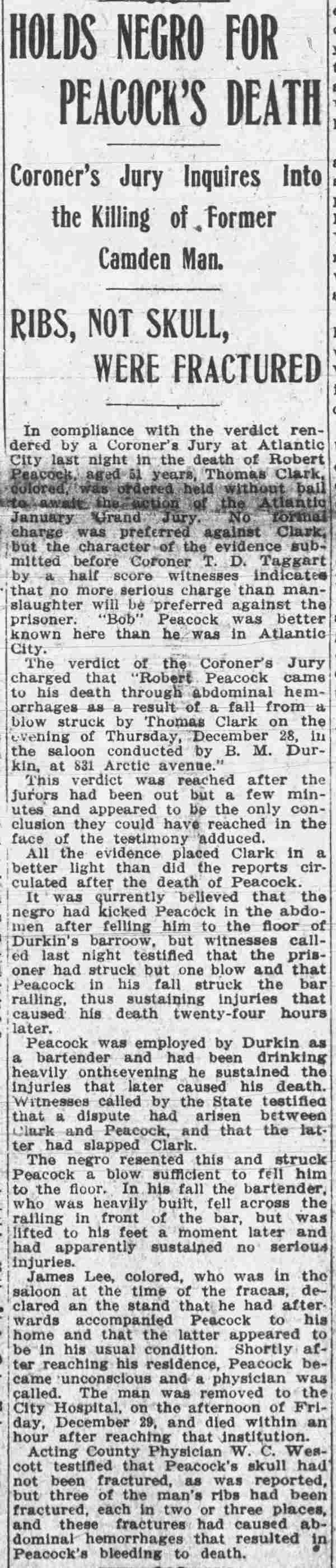 Holds Negro for Peacock's Death, Camden Post-Telegram, January 5, 1912