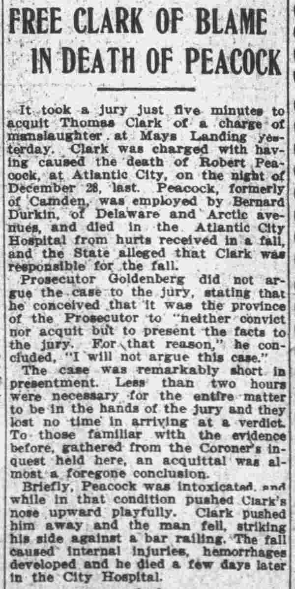 Free Clark of Blame in Death of Peacock, Camden Post-Telegram, March 14, 1912