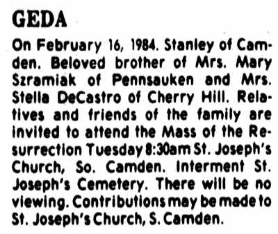 Stanley Geda obituary, Camden Courier-Post, February 18, 1984