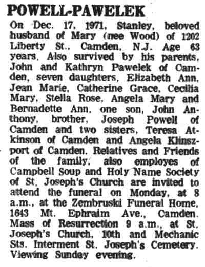 Camden Courier-Post, December 17, 1971 — Powell-Pawelek death notice