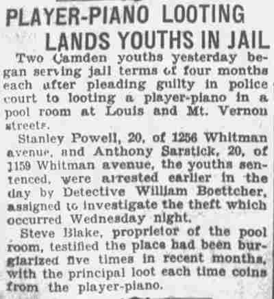 Camden Courier-Post, December 21, 1928 — Player-Piano Looting Lands Youths in Jail